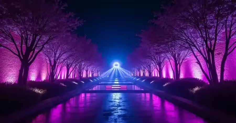 Luces LED City Color iluminando un jardin durante una boda nocturna en CDMX