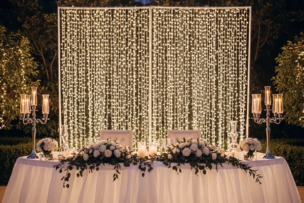 Paquete 2 cortinas cascadas LED mesa principal y pista de baile boda