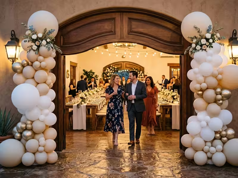 Columnas de globos en marfil y dorado flanqueando la entrada de una boda en hacienda