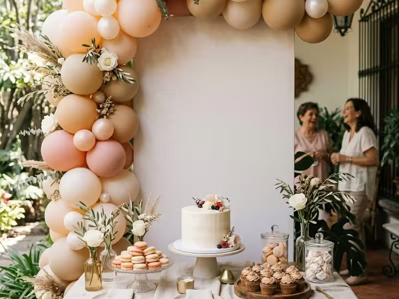 Guirnalda de globos en durazno y dorado sobre la mesa de postres de un baby shower