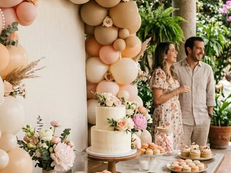Montaje de globos con letrero iluminado detrás de la mesa principal de un baby shower