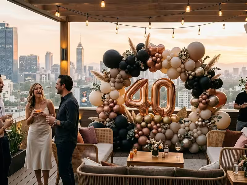 Arco de globos con número y globos gigantes en un cumpleaños en rooftop de CDMX