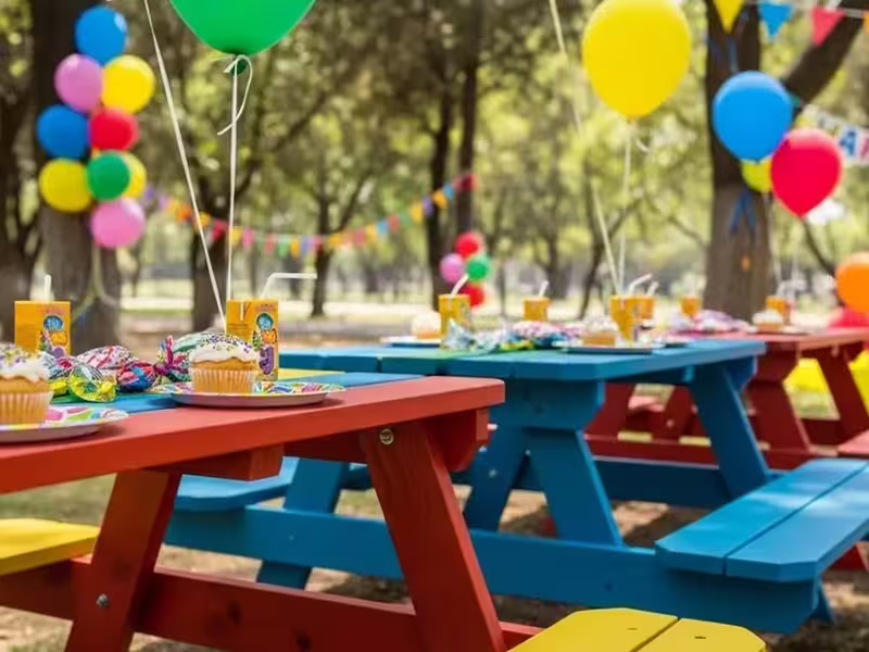 Mesa picnic infantil decorada con globos de colores