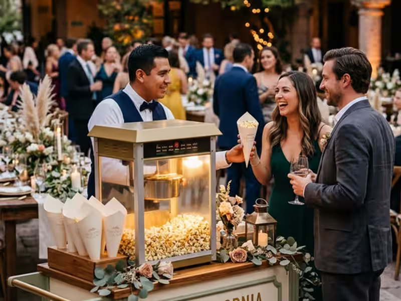 Carrito de palomitas vintage iluminado en un jardín de noche