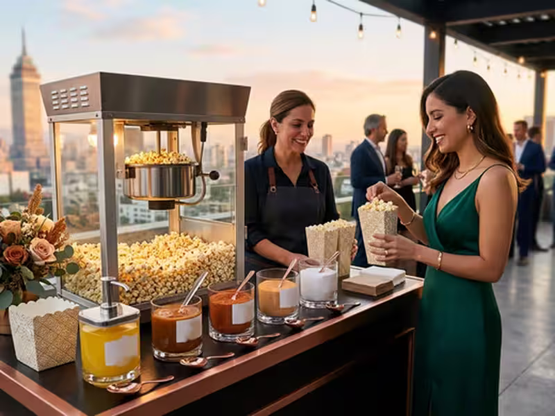 Barra de toppings de palomitas con el operador reponiendo producto