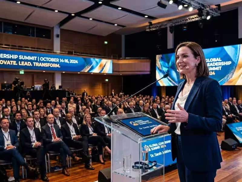 Ejecutivo dando una conferencia detrás de un podium