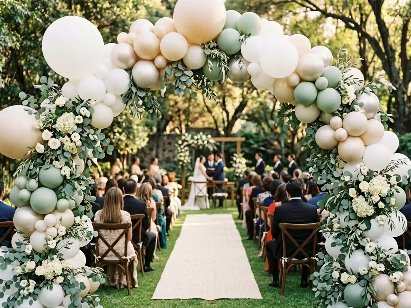 Arco de globos orgánico en verde y blanco montado sobre el pasillo de una ceremonia de boda en jardín